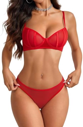 Bra and Panty Sets Sheer Mesh Lingerie Sets for Women Red
