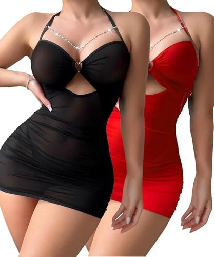 Christmas Lingerie for Women Ruched Bodycon Chain Mesh Babydoll | red