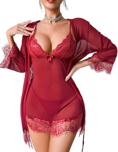 Lingerie for Women 3 Piece 3/4 Sleeve Mesh Robe Set with Cute Chemise