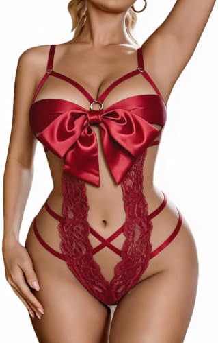 Lingerie for Women Deep V Neck Babydoll Lace Teddy One Piece Teddy Ribbon