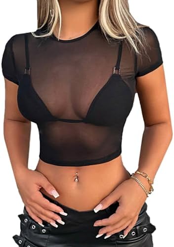 Mesh Crop Top See Through Sheer Cropped Shirt Clubwear Black