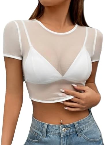 Mesh Crop Top See Through Sheer Cropped Shirt Clubwear Y2k White