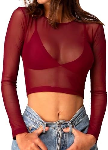 Mesh Cropped Top for Women Sheer Blouse Tee Shirts Wine Red
