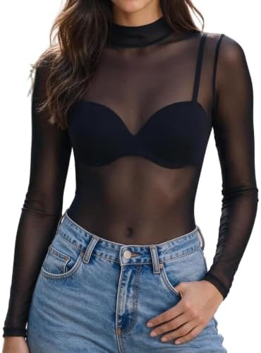 Mesh Long Sleeve Top for Women Sheer Shirt Clubwear Black
