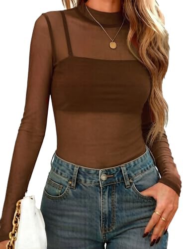 Mesh Long Sleeve Top for Women Sheer Shirt Clubwear Brown S | Mock Neck