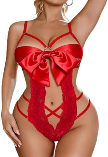 Red Lingerie for Women One Piece Babydoll Bow Tie Bodysuit Lace Smooth Ribbon