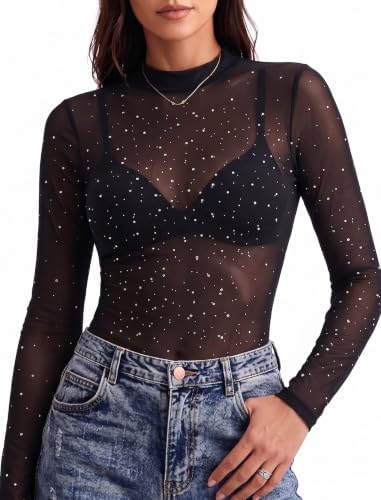 See Through Top Women Bling Sparkly Evening Party Outfit Black XL |