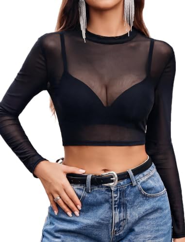 See Through Tops for Women Going Out Top Long Sleeve Sheer Mesh Shirt | Lace