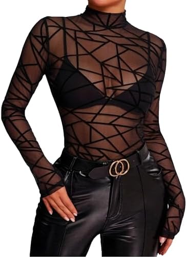 Sheer Long Sleeve Tops for Women Mesh See Through Sheer Shirt