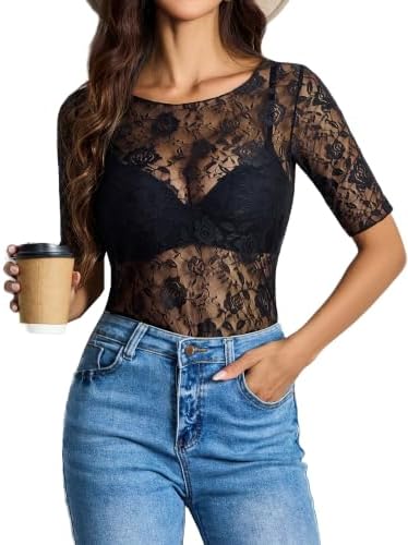 Short Sleeve Mesh Sheer Mesh Top Crew Neck Lace Tops Black Rose