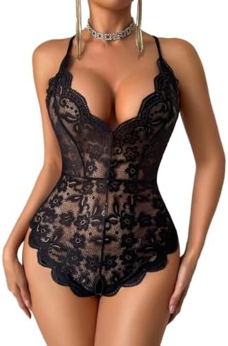 Women Lingerie Lace Teddy Backless One Piece Bodysuit Black