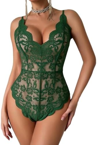 Women Lingerie Lace Teddy Backless One Piece Bodysuit Green
