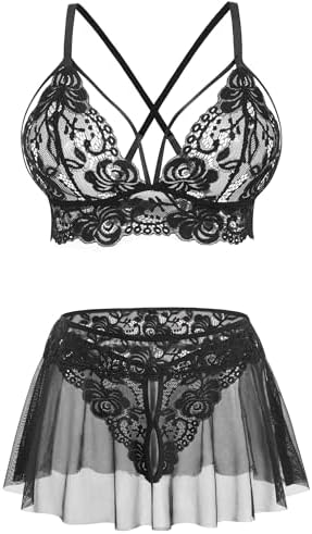 Women Lingerie Sheer Lace Bralette with Mini Skirt and G-String