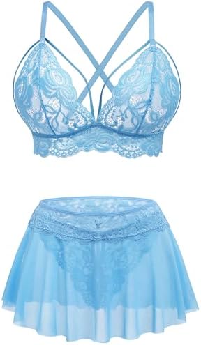 Women Lingerie Sheer Lace Bralette with Mini Skirt Sets