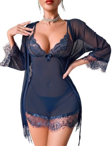 Women's 3 Piece Lingerie Set Mesh Robe and Lace Babydoll Outfit