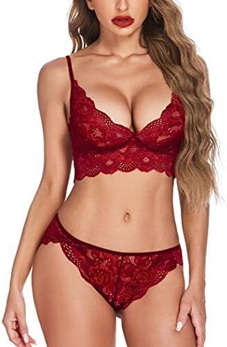 Women's Lace Lingerie Bra and Panty Set Strappy Babydoll Bodysuit