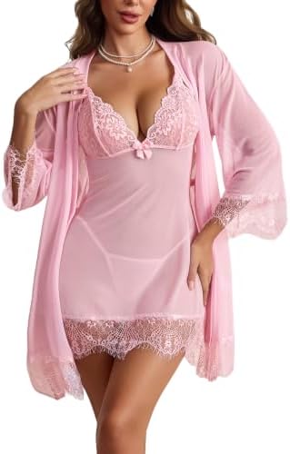 Women's Lace Lingerie Set 3 Piece 3/4 Sleeve Robe and Nightgown