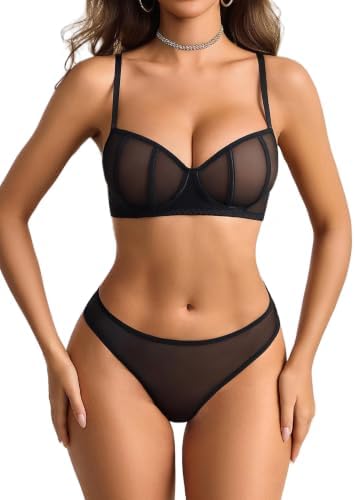 Women's Lingerie Sets 2 Piece Mesh Wireless Bra and Panty Sets | Sheer Mesh