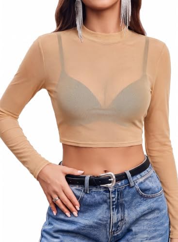 Women Tops Date Night Outfit for Women Long Sleeve Mesh Crop Top | Lace